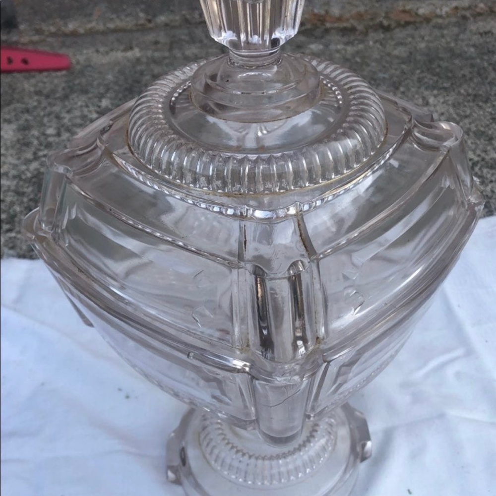 Antique Adams and Co Etched Square Glass Compote with Lid